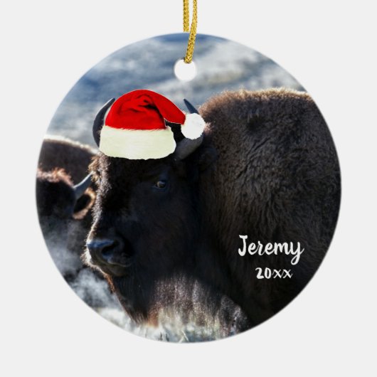 American Bison in Santa Hat Keramisch Ornament (Voorkant)