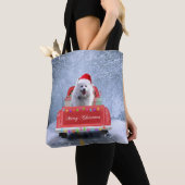 American Eskimo Dog in Snow, met Kerstmis als kers Draagtas (Dichtbij)