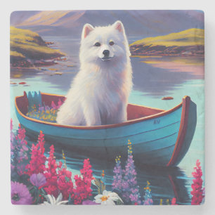 American Eskimo Dog on Paddle: Een Schilderachtig Stenen Onderzetter