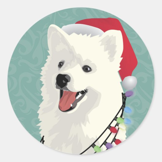 American Eskimo Samoyed Cute Puppy Dog Kerstmis Ronde Sticker (Voorkant)