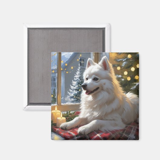 American Eskimo With Christmas Lights Holiday Magneet (Voorkant / Achterkant)