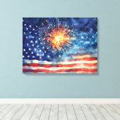 American flag and fireworks & U.S. Pledge. Art Canvas Afdruk (Insitu (Houten vloer))