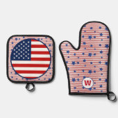 American Flag Art Stars en Stripes Monogram Ovenwant & Pannenlap Set (Voorkant)
