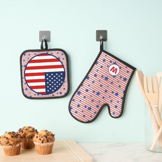American Flag Art Stars en Stripes Monogram Ovenwant & Pannenlap Set (Insitu(Ophanging))