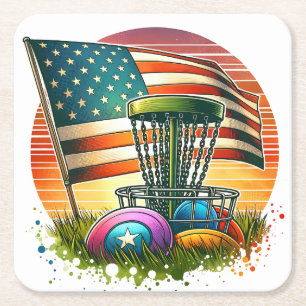 American Flag Disc Golf  Sun Vierkante Kartonnen Onderzetter