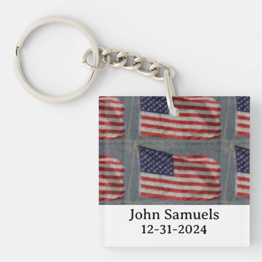 American Flag Pattern Rood Wit Blauw Naam Datum Sleutelhanger (Voorkant)