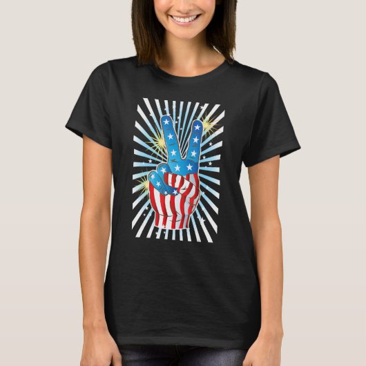 American Flag Peace Sign Hand Fourth of July T-shirt (Voorkant)