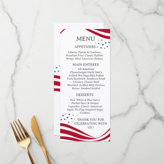 American Flag Theme Menu Card (Voorkant / Achterkant in situ)