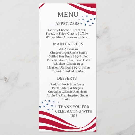 American Flag Theme Menu Card (Devant)