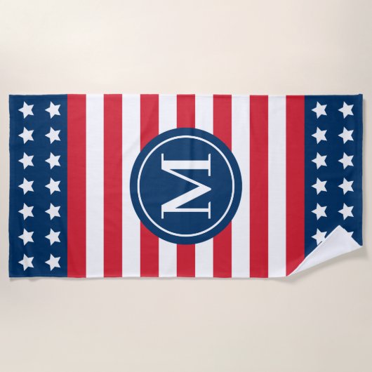 American Red White Blue Custom Monogram Initiaal Strandlaken (Voorkant)