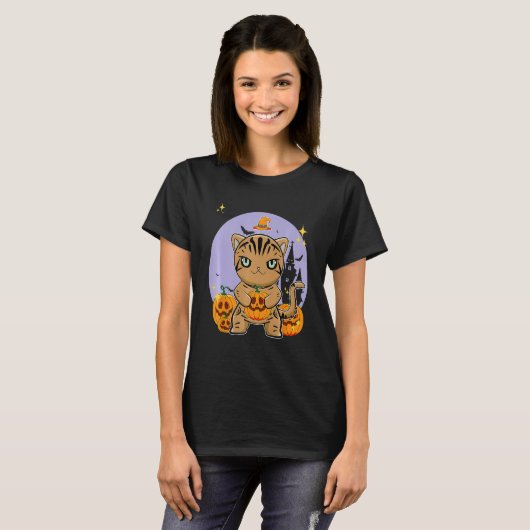 American Shorthair Cat With Pumpkin Halloween T-shirt (Voorkant volledig)