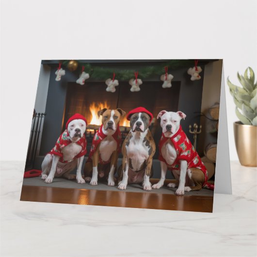 American Staffordshire bij de open haard Kerstmis Kaart (Kleine Plant)