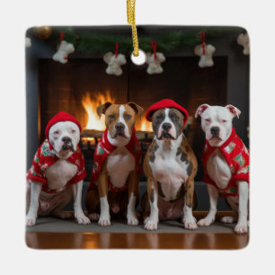 American Staffordshire bij de open haard Kerstmis Keramisch Ornament