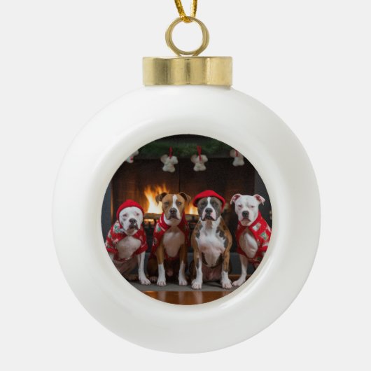 American Staffordshire bij de open haard Kerstmis Keramische Bal Ornament (Voorkant)