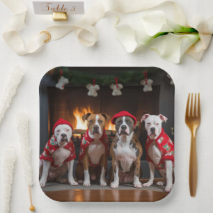 American Staffordshire bij de open haard Kerstmis Papieren Bordje