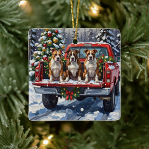 American Staffordshire Terrier Kerst Rode Truck Keramisch Ornament