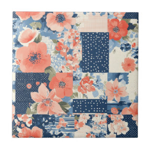 Americana bloempatcheworkdeken in marineblauw en k tegeltje