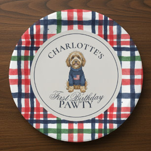 Americana Plaid Doodle Dog Eerste Verjaardag Papieren Bordje