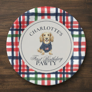 Americana Plaid Tachshund eerste verjaardag Papieren Bordje