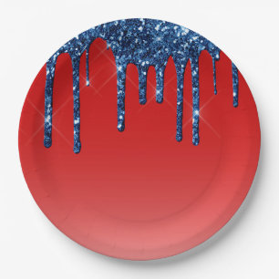 Americana Rood Blauw Glitter Drip Papieren Bordje