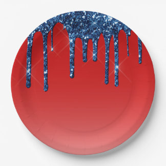 Americana Rood Blauw Glitter Drip Papieren Bordje