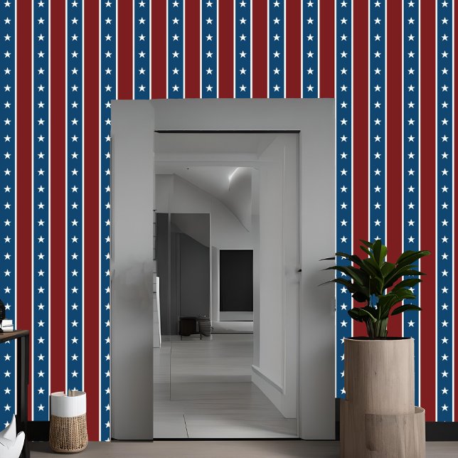 americana sterren & strepen verticaal rood wit bla behang (Red white & blue peel and stick wallpaper for DIY 4th of July decorating, Americana stripes pattern)