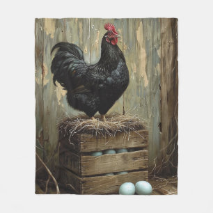 Americana stijl schilderij van een zwarte kip fleece deken