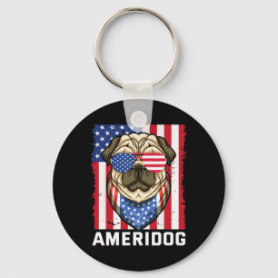 Ameridog Amerikaanse vlag Pug hond 4 juli Indepen Sleutelhanger