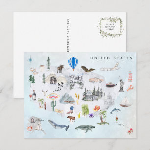 Amerika   Aquarel geïllustreerde kaart van de VS