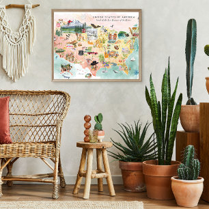 Amerika Aquarel geïllustreerde kaart van de VS Poster