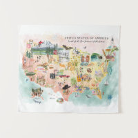 Amerika | Aquarel geïllustreerde kaart van de VS