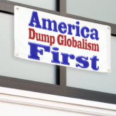 Amerika First Dump Globalism red blue text Spandoek (Buitenkant Gebouw)