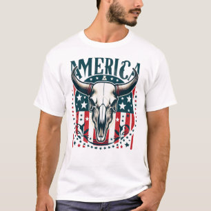 Amerika Rood Wit en Blauw Met Bull Skull T-shirt
