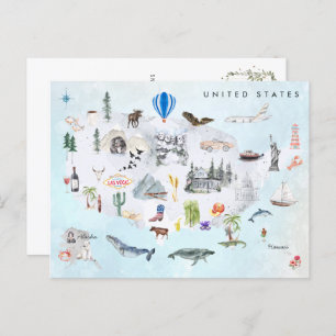 Amerika   Waterverf geïllustreerd overzicht VS Briefkaart