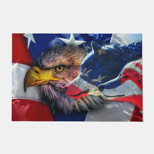 Amerikaans Bald Eagle Wolf Flag Patriotic Deurmat (Voorkant)