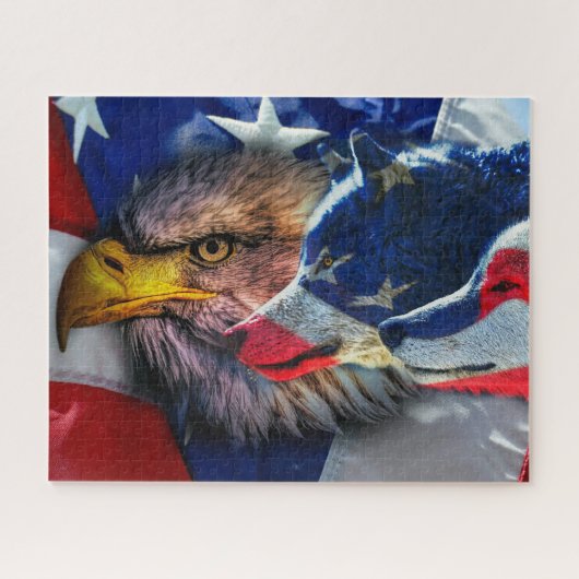 Amerikaans Bald Eagle Wolf Flag Patriotic Legpuzzel (Horizontaal)