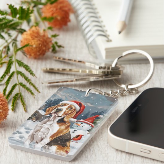 Amerikaans Engels Foxhound Dog Winter Christmas Jo Sleutelhanger (Voorkant Rechts)