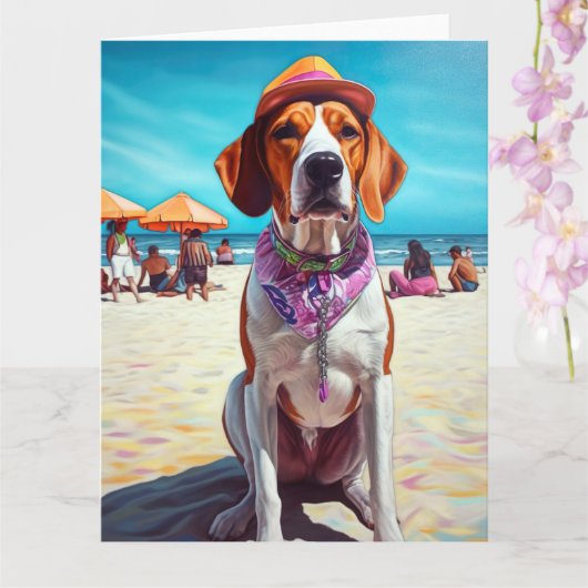 Amerikaans Engels Foxhound on Beach, zomercadeau Kaart (Orchidee)