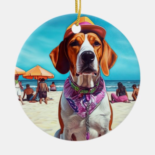 Amerikaans Engels Foxhound on Beach, zomercadeau Keramisch Ornament (Voorkant)