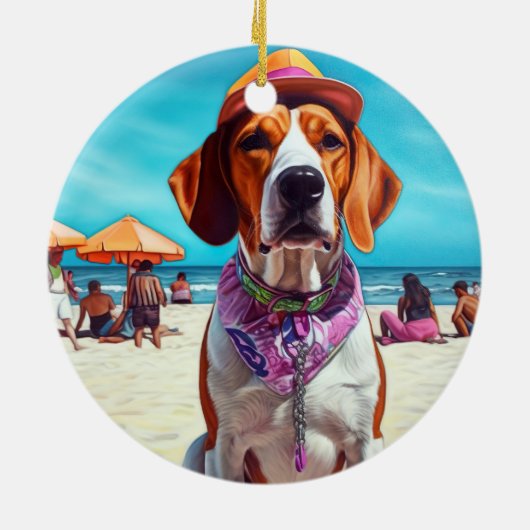 Amerikaans Engels Foxhound on Beach, zomercadeau Keramisch Ornament (Achterkant)