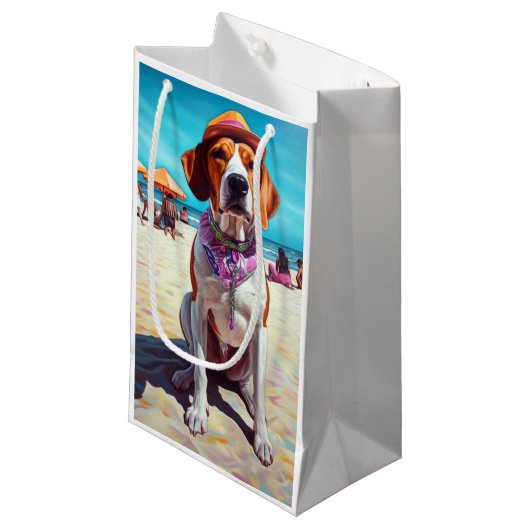 Amerikaans Engels Foxhound on Beach, zomercadeau Klein Cadeauzakje (Voorkant Gekanteld)
