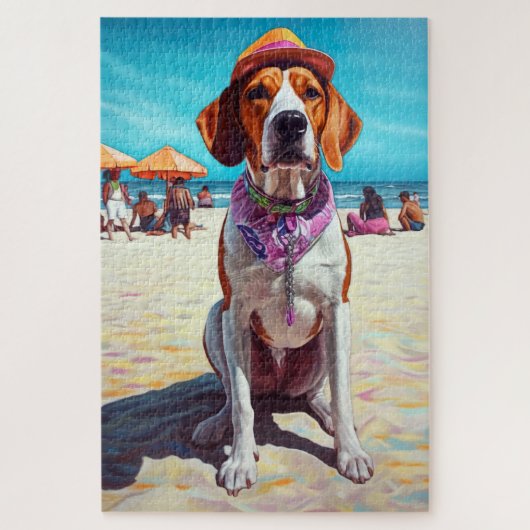 Amerikaans Engels Foxhound on Beach, zomercadeau Legpuzzel (Verticaal)