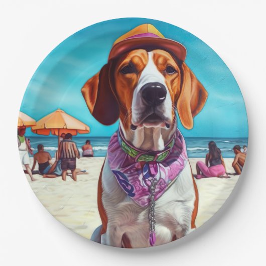 Amerikaans Engels Foxhound on Beach, zomercadeau Papieren Bordje (Voorkant)