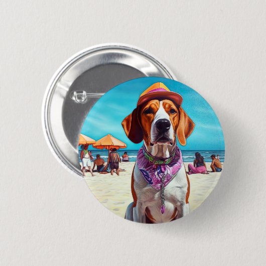 Amerikaans Engels Foxhound on Beach, zomercadeau Ronde Button 5,7 Cm (Voorkant /achterkant)