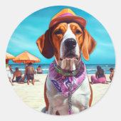 Amerikaans Engels Foxhound on Beach, zomercadeau Ronde Sticker (Voorkant)