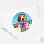 Amerikaans Engels Foxhound on Beach, zomercadeau Ronde Sticker (Envelop)
