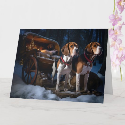 Amerikaans Engels Foxhound Snowy Sleigh Kerstmis Kaart (Orchidee)