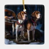 Amerikaans Engels Foxhound Snowy Sleigh Kerstmis Keramisch Ornament (Voorkant)