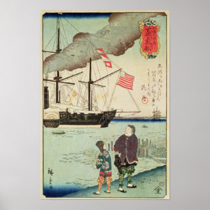 Amerikaans marineschip in een Japanse haven Poster