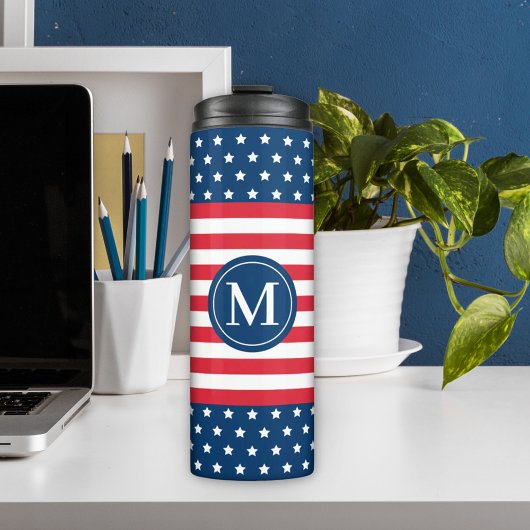 Amerikaans Rood Wit Blauw Aangepaste Monogram Eers Thermosbeker